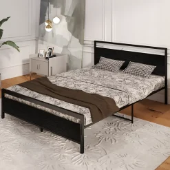 Lit Double 140x200 cm - Lit en Métal Noir Robuste et Gain de Place pour Appartement - Sans Matelas