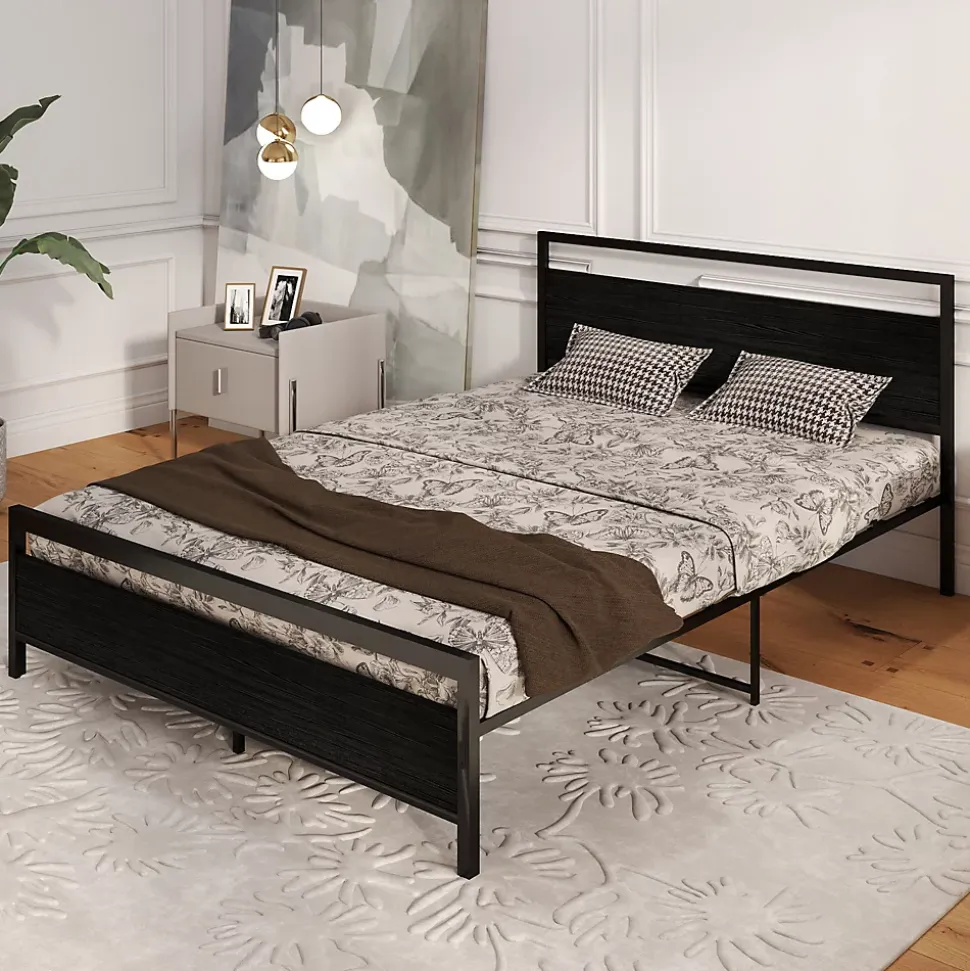 Lit Double 140x200 cm - Lit en Métal Noir Robuste et Gain de Place pour Appartement - Sans Matelas