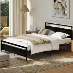 Lit Double 140x200 cm - Lit en Métal Noir Robuste et Gain de Place pour Appartement - Sans Matelas