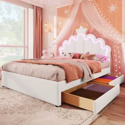 Lit double 140x200 cm - Lit enfant avec 2 rangements - PU + MDF - Sans matelas - Blanc