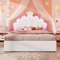 Lit double 140x200 cm - Lit enfant avec 2 rangements - PU + MDF - Sans matelas - Blanc