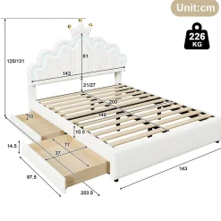 Lit double 140x200 cm - Lit enfant avec 2 rangements - PU + MDF - Sans matelas - Blanc