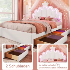 Lit double 140x200 cm - Lit enfant avec 2 rangements - PU + MDF - Sans matelas - Blanc