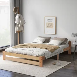 Lit Double 140x200 cm - Lit Futon Naturel en Bois Massif avec Tête de Lit - Lit Scandinave Minimaliste Adulte - Sans Matelas