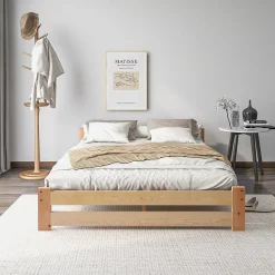 Lit Double 140x200 cm - Lit Futon Naturel en Bois Massif avec Tête de Lit - Lit Scandinave Minimaliste Adulte - Sans Matelas