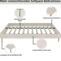 Lit Double 160x200 cm - Lit pour Adulte/Ado Moderne à Base Basse, Sans Tête de Lit, Sans Matelas, en Velours Hollandais Beige