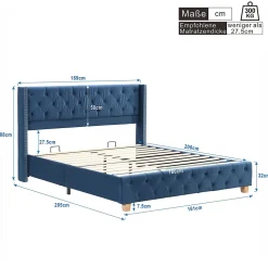 Lit Double 160x200 cm - Lit Rembourré avec Tête de Lit Capitonnée - Velours - Sans Matelas - Bleu