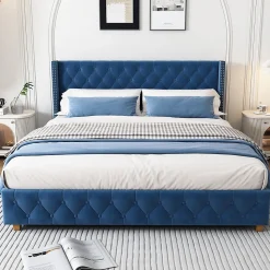 Lit Double 160x200 cm - Lit Rembourré avec Tête de Lit Capitonnée - Velours - Sans Matelas - Bleu