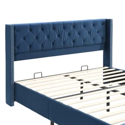 Lit Double 160x200 cm - Lit Rembourré avec Tête de Lit Capitonnée - Velours - Sans Matelas - Bleu
