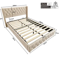 Lit Double 160x200 cm - Lit Rembourré avec Tête de Lit Capitonnée - Velours - Sans Matelas - Beige