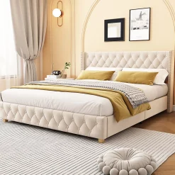 Lit Double 160x200 cm - Lit Rembourré avec Tête de Lit Capitonnée - Velours - Sans Matelas - Beige