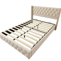 Lit Double 160x200 cm - Lit Rembourré avec Tête de Lit Capitonnée - Velours - Sans Matelas - Beige