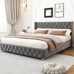 Lit Double 140x190 cm - Lit Rembourré avec Tête de Lit à Boutons et Sommier à Lattes - Velours - Sans Matelas - Gris