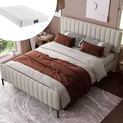 Lit double 140x200 cm - Lit rembourré avec tête de lit capitonnée - Lin - avec Matelas - Beige