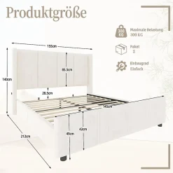 Lit Double 140x200 cm - Lit Rembourré Adulte avec Tête Haute et Port USB, Velours, Sans Matelas, Beige