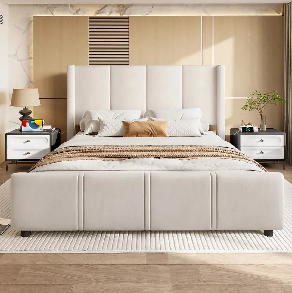 Lit Double 140x200 cm - Lit Rembourré Adulte avec Tête Haute et Port USB, Velours, Sans Matelas, Beige