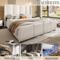 Lit Double 140x200 cm - Lit Rembourré Adulte avec Tête Haute et Port USB, Velours, Sans Matelas, Beige