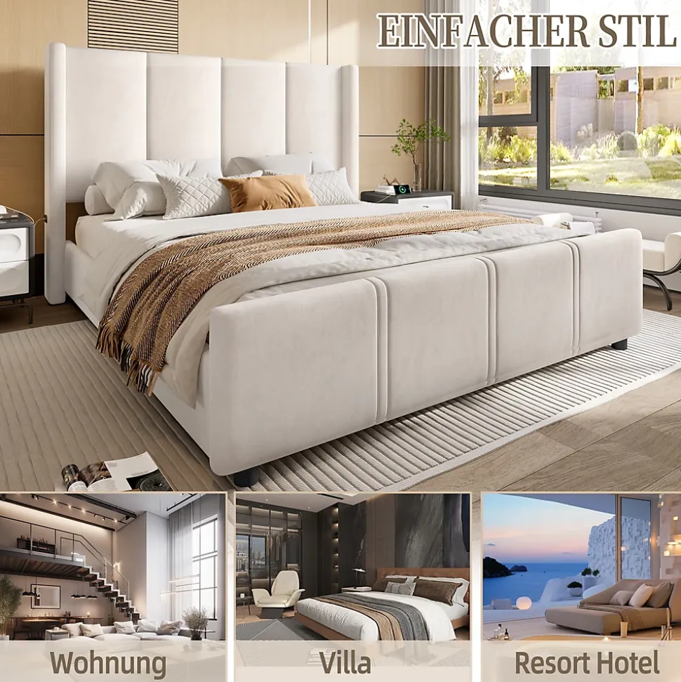 Lit Double 140x200 cm - Lit Rembourré Adulte avec Tête Haute et Port USB, Velours, Sans Matelas, Beige