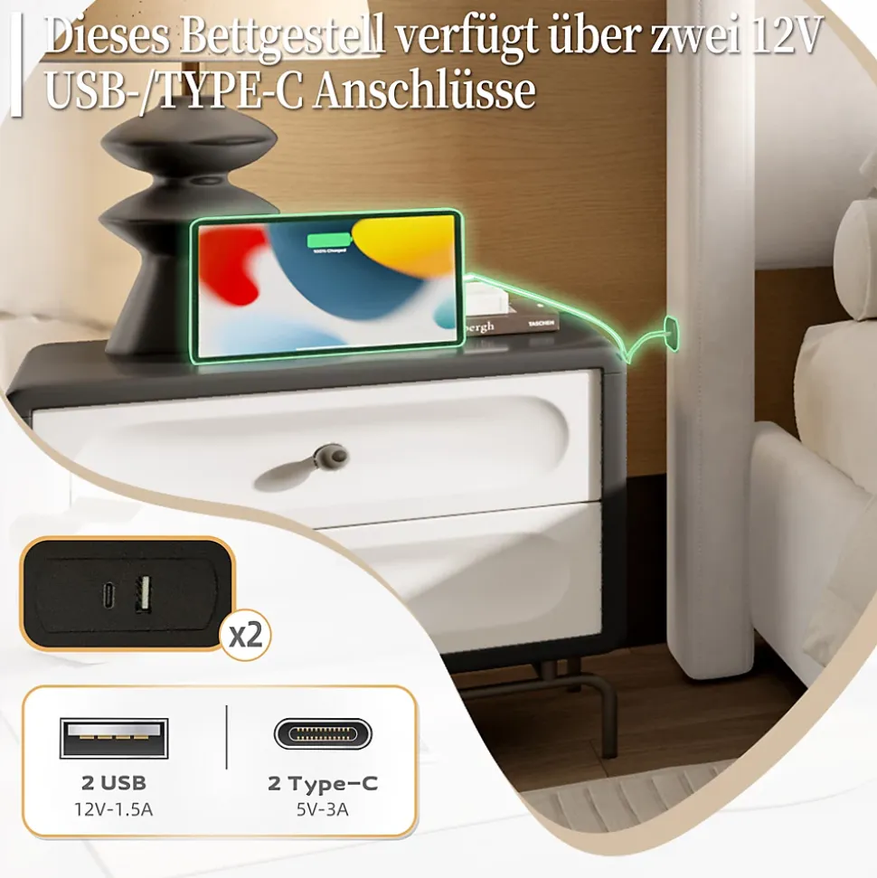 Lit Double 140x200 cm - Lit Rembourré Adulte avec Tête Haute et Port USB, Velours, Sans Matelas, Beige