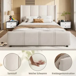 Lit Double 140x200 cm - Lit Rembourré Adulte avec Tête Haute et Port USB, Velours, Sans Matelas, Beige