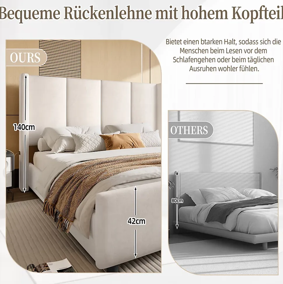 Lit Double 140x200 cm - Lit Rembourré Adulte avec Tête Haute et Port USB, Velours, Sans Matelas, Beige
