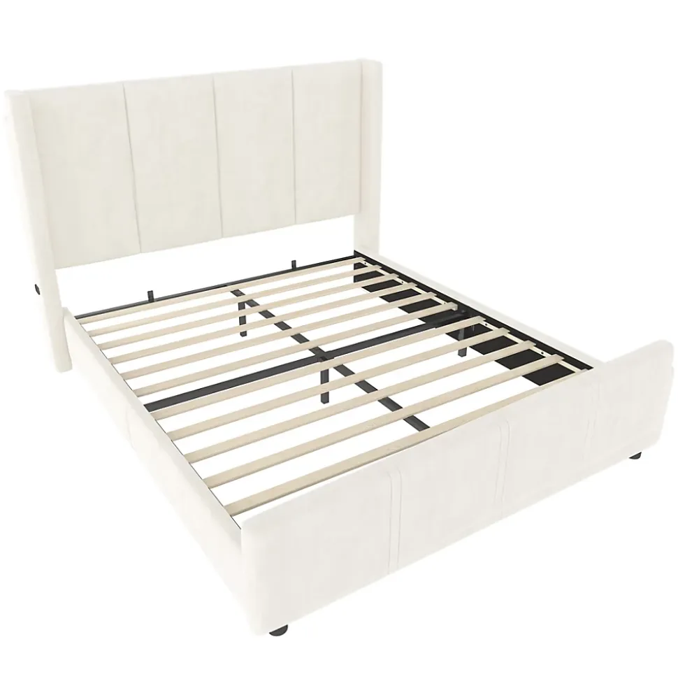 Lit Double 140x200 cm - Lit Rembourré Adulte avec Tête Haute et Port USB, Velours, Sans Matelas, Beige