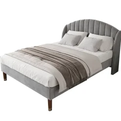 Lit Double 160x200 cm - Lit Rembourré ado - Velours - Sans Matelas - Gris