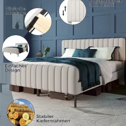 Lit double 160x200 cm - Lit rembourré avec tête de lit capitonnée - Lin - avec Matelas - Beige