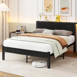 Lit Double 140x200 cm - Style Minimaliste avec Structure Métal MDF - sans Matelas - Noir