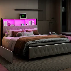 Lit Double 160x200 Cm, 4 Tiroirs, Ports USB/type-c, Éclairage LED, Sommier à Lattes, Velours Beige.