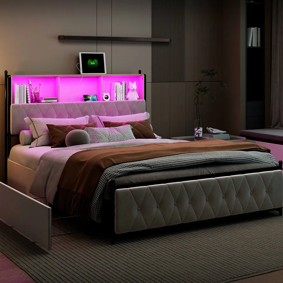 Lit Double 160x200 Cm, 4 Tiroirs, Ports USB/type-c, Éclairage LED, Sommier à Lattes, Velours Beige.