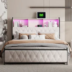 Lit Double 160x200 Cm, 4 Tiroirs, Ports USB/type-c, Éclairage LED, Sommier à Lattes, Velours Beige.