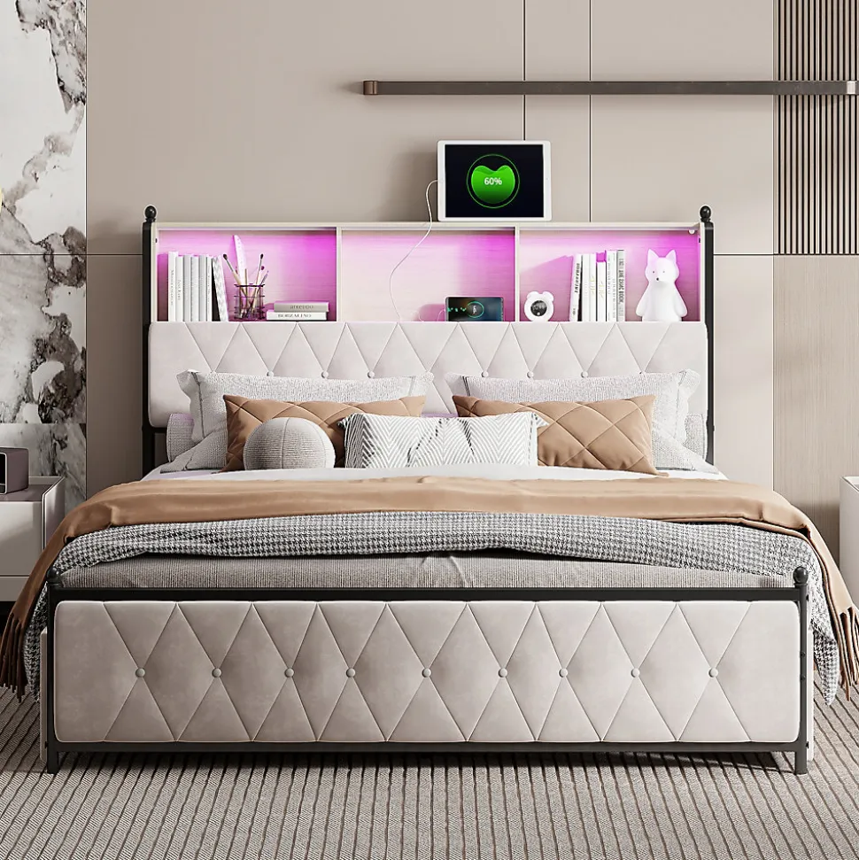 Lit Double 160x200 Cm, 4 Tiroirs, Ports USB/type-c, Éclairage LED, Sommier à Lattes, Velours Beige.