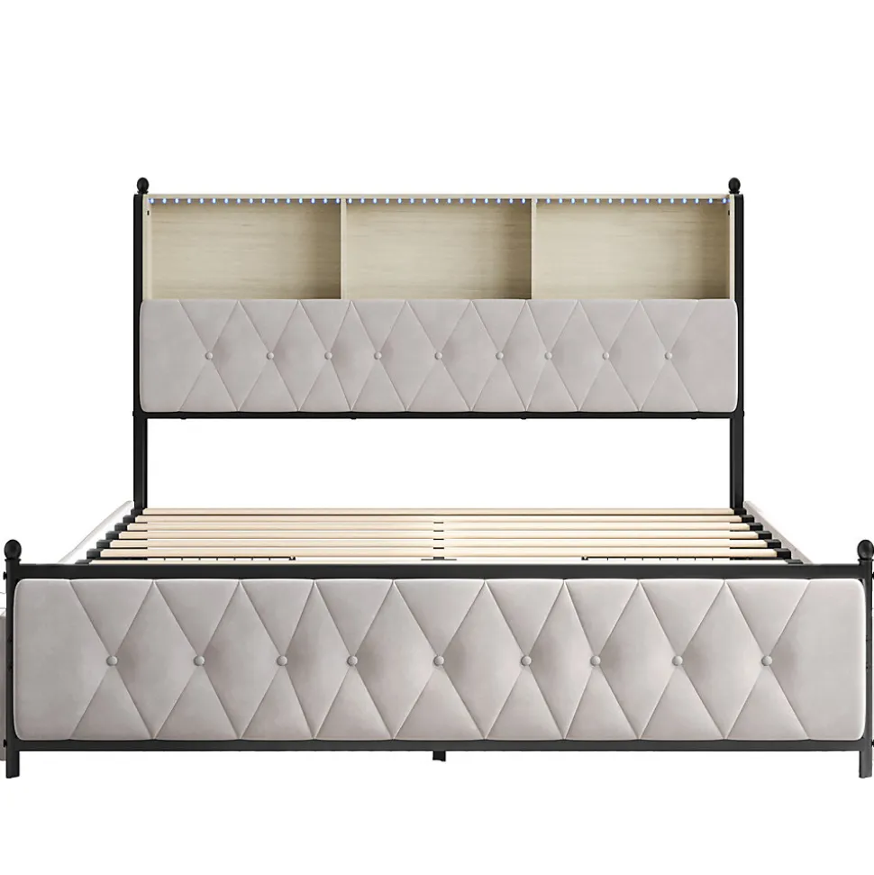 Lit Double 160x200 Cm, 4 Tiroirs, Ports USB/type-c, Éclairage LED, Sommier à Lattes, Velours Beige.