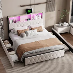 Lit Double 160x200 Cm, 4 Tiroirs, Ports USB/type-c, Éclairage LED, Sommier à Lattes, Velours Beige.