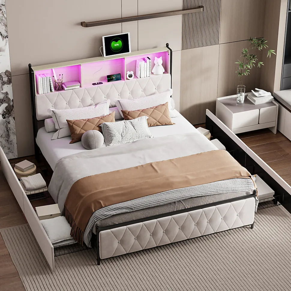 Lit Double 160x200 Cm, 4 Tiroirs, Ports USB/type-c, Éclairage LED, Sommier à Lattes, Velours Beige.