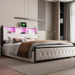 Lit Double 160x200 Cm, 4 Tiroirs, Ports USB/type-c, Éclairage LED, Sommier à Lattes, Velours Beige.