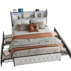 Lit Double 160x200 Cm, 4 Tiroirs, Ports USB/type-c, Éclairage LED, Sommier à Lattes, Velours Beige.