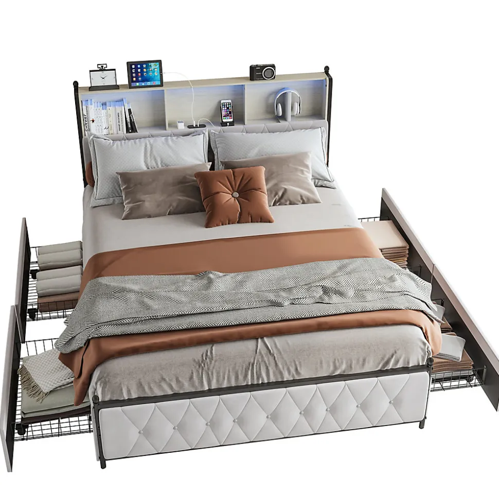 Lit Double 160x200 Cm, 4 Tiroirs, Ports USB/type-c, Éclairage LED, Sommier à Lattes, Velours Beige.