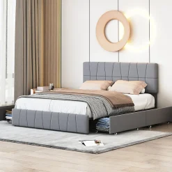 Lit double 160x200 cm, 4 tiroirs en fer, sommier à lattes, structure en métal, tissu velours, gris