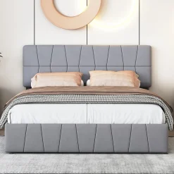 Lit double 160x200 cm, 4 tiroirs en fer, sommier à lattes, structure en métal, tissu velours, gris