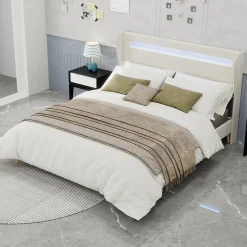 Lit Double 160x200 cm - Tête de Lit LED Intégrée et Base Basse Anti-Poussière, Lit Adulte/Ado, Velours, Beige, Sans Matelas