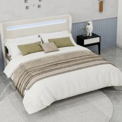 Lit Double 160x200 cm - Tête de Lit LED Intégrée et Base Basse Anti-Poussière, Lit Adulte/Ado, Velours, Beige, Sans Matelas
