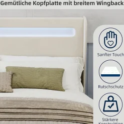 Lit Double 160x200 cm - Tête de Lit LED Intégrée et Base Basse Anti-Poussière, Lit Adulte/Ado, Velours, Beige, Sans Matelas