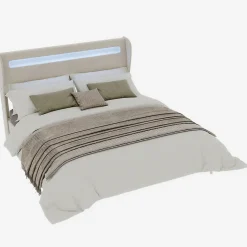Lit Double 160x200 cm - Tête de Lit LED Intégrée et Base Basse Anti-Poussière, Lit Adulte/Ado, Velours, Beige, Sans Matelas