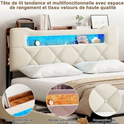 Lit double, 140x190 cm, avec 4 tiroirs, lumière LED et port USB, tête de lit en velours, beige