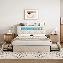 Lit double, 140x190 cm, avec 4 tiroirs, lumière LED et port USB, tête de lit en velours, beige