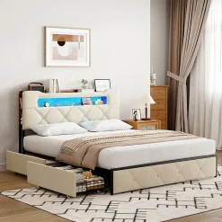 Lit double, 140x190 cm, avec 4 tiroirs, lumière LED et port USB, tête de lit en velours, beige