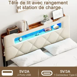 Lit double, 140x190 cm, avec 4 tiroirs, lumière LED et port USB, tête de lit en velours, beige