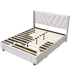 Lit double 140x200 cm avec 3 tiroirs, sommier à lattes, lit queen size, linge, lit capitonné pour adulte - Beige